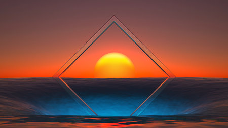 glossy rhombus frame in the sea at sunset. 3d renderingの写真素材