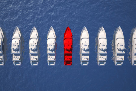 one yacht in red in a row of a group of white yachts top view. 3d rendering