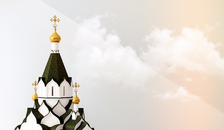 upper part of the temple in a beam of light with copy space on clouds. 3d renderingの写真素材