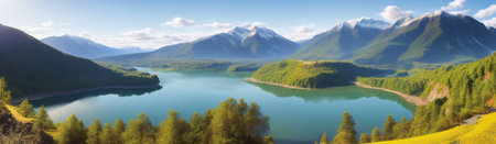 panoramic landscape with lake and mountains. generative aiの素材