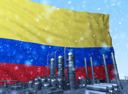 black factory in front of flag Colombia in winter. 3d renderingの写真素材