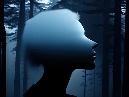 ghostly silhouette of a head from the side in a dense forestの写真素材