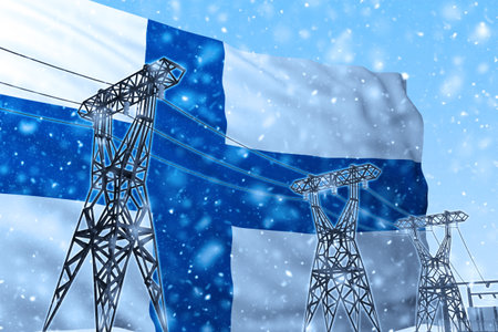 power lines against background flag of Finland at winter. 3d renderingの写真素材