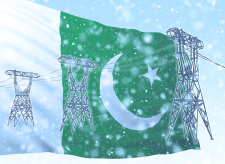 power lines against background flag of Pakistan at winter. 3d renderingの写真素材