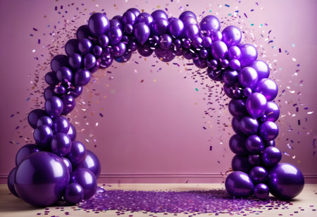 festive arch made of purple balloons with pink wallの素材