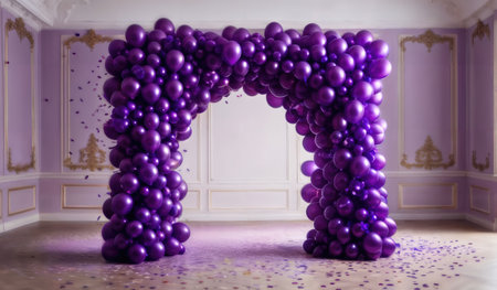 festive arch made of purple balloons in interiorの素材
