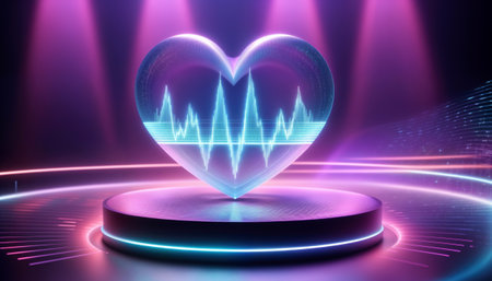 holographic heart symbol with pulse wave on stage in pink blue lightingの素材