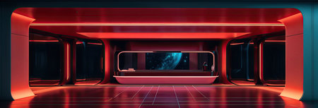 futuristic interior with black walls and red neon lighting. space in windowの素材