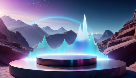 cylindrical podium with blue pink holographic waves in mountain landscapeの素材
