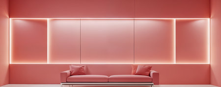 minimalist interior with a sleek pink wall and a sofa. empty niche with lightingの写真素材