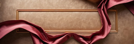 empty frame on beige wall with fluttering silk red fabricの素材