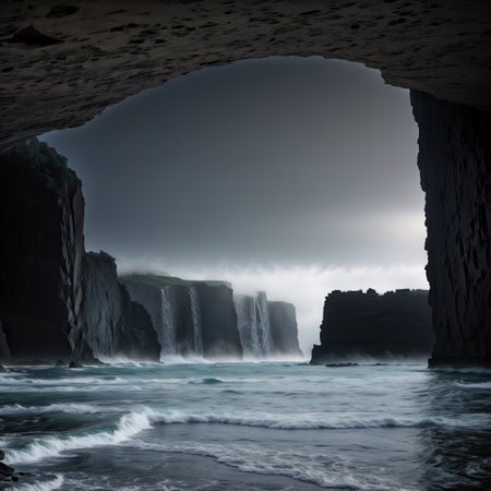 view from a cave on the coast with a rocky dramatic landscapeの素材
