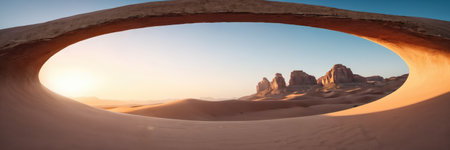 view of a mountain landscape through a sand ellipse with a desert in the foregroundの素材