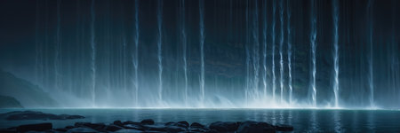 background with thin streams of a waterfall on a black misty rockの素材