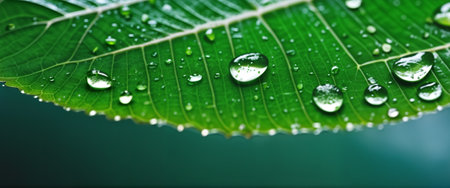 green leaf with water droplets on it, against a dark green background