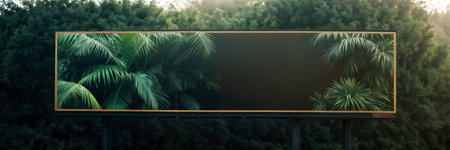 billboard with a tropical tree pattern on it, located on a road with a forest in the backgroundの素材