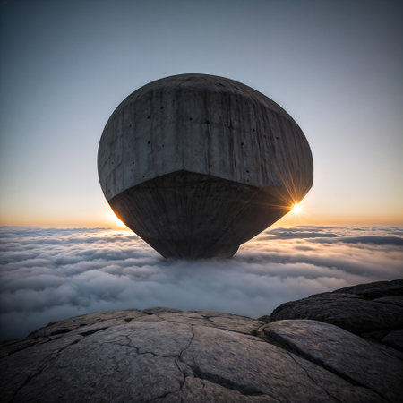 dark structure resembling a stone or concrete sphere, sits atop a mountain peak, above a sea of cloudsの素材
