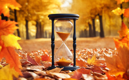 hourglass with a black rim and a brown face, sitting on top of a pile of autumn leaves.の素材