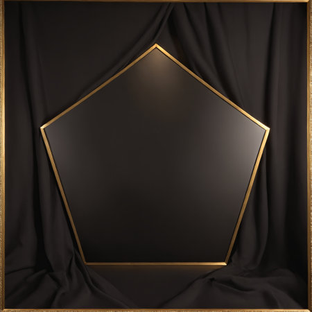 luxurious gold pentagon frame set against a backdrop of smooth black silk fabric, presenting an elegant and refined space for a timelessの素材