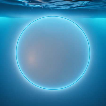 glowing neon blue circle suspended underwater, surrounded by delicate bubbles rising to the surface.の素材