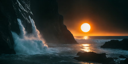 sun sets between towering cliffs, casting a brilliant golden glow across the ocean waves crashing below. The dramatic contrast between the dark rock faces and the warmの素材