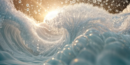 wave is crashing with the sun shining through it and droplets of water in the forefront.の素材