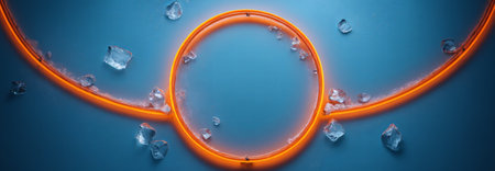 abstract illustration showcasing a glowing orange ring intersected by fluid blue curves. The sharp contrast between fiery warmth and coolの素材