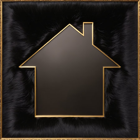 house-shaped silhouette outlined in a luxurious gold frame set against a black, fur-like textured backgroundの素材