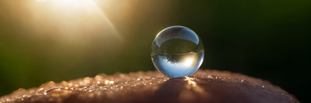 clear glass ball on a textured surface, with a sunny daylight background.の素材