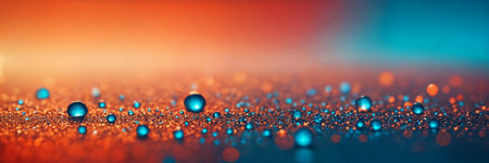 water droplets falling onto a red background. The droplets are teal-colored.の素材