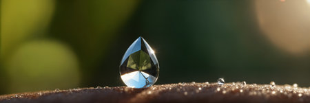 clear, diamond-shaped crystal glistens with light on a surface. The background is a blur of green, indicating a natural setting.の素材
