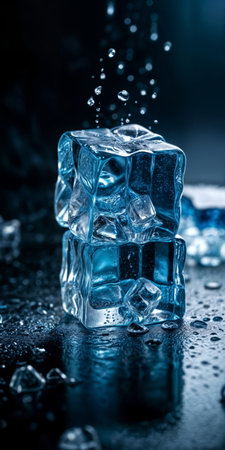 stack of ice cubes with a few melting and some droplets falling.の素材
