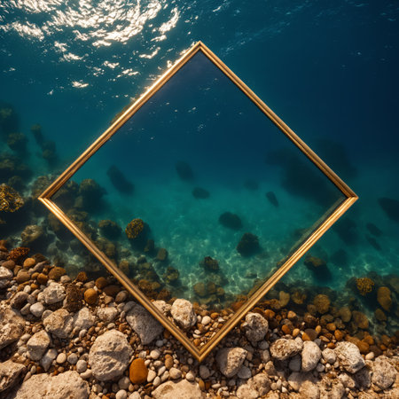 golden square frame hovers above a rocky shoreline, with crystal-clear ocean water revealing stones beneath the surface.の素材