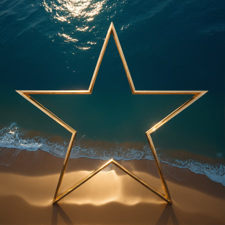 gleaming golden star frame rests on the sandy shore, reflecting the sun's light as ocean waves gently approachの素材