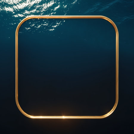 golden square with rounded corners floats on a dark blue, tranquil water surface, illuminated by soft light. The circular shape represents infinity, balance, and simplicity, while the deep water belowの素材