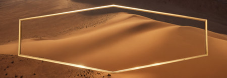 golden hexagon frame suspended in the air captures a breathtaking view of desert sand dunes bathed in warm sunlight.の素材