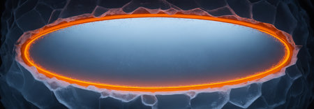orange, ellipse neon light outline set on a cold, icy surface with scattered transparent ice chunks, creating a striking contrast between warmth and coldness.の素材