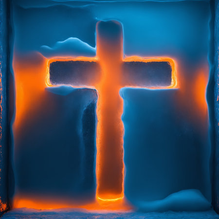 glowing cross, carved into a block of icy blue, radiates warmth with vivid orange edges, symbolizing the contrast between light and coldの素材