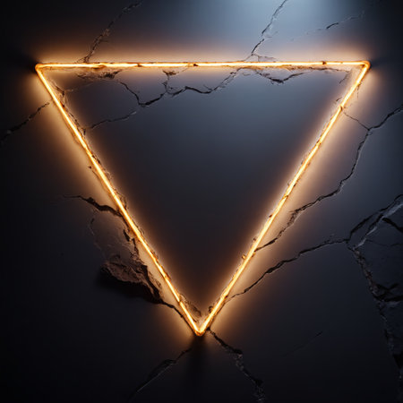 neon triangle in a stone wall, with a glowing outline of a triangle.の素材