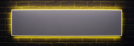 rectangular form with yellow neon frame on brick black wallの素材