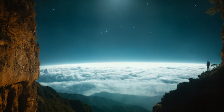 lone traveler stands on the edge of a cliff under a starry sky, gazing out over a sea of clouds that meet the distant horizon. The scene captures the beauty and mystery of the universeの素材