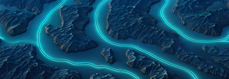 striking 3D topographic map featuring a network of glowing blue rivers flowing between jagged mountain ridges and valleysの素材