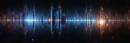 concept soundwave space, vibrant cosmic scene with a bright sun at the center, surrounded by a multitude of red and blue nebula clouds.の素材