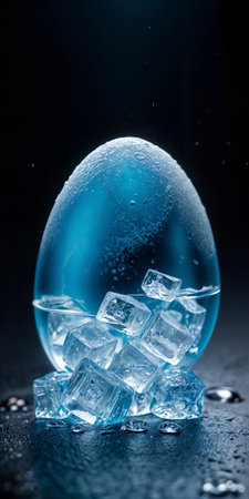 blue egg floating on water with ice cubes inside. The egg is transparent and filled with ice cubes, and it appears to be floating.の素材