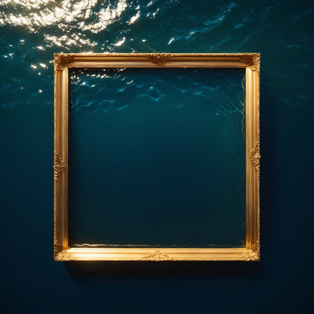 golden square on a dark blue, tranquil water surface, illuminated by soft light. The circular shape represents infinity, balance, and simplicity, while the deep water belowの素材