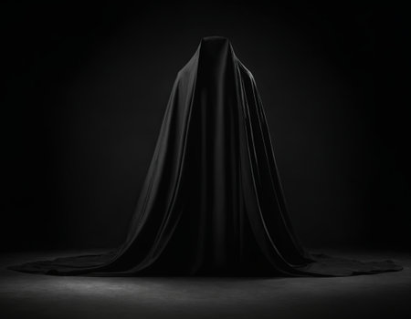 Mysterious, draped object covered in black fabric, standing alone in a dark setting. Perfect for concepts of secrecy, unveiling, or anticipation, evoking curiosity and suspenseの素材