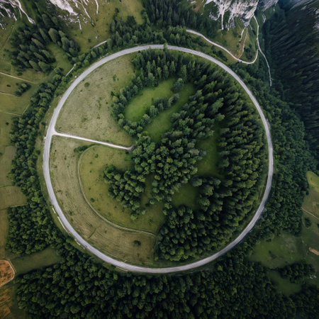 aerial view of a circular road surrounded by lush greenery, this image captures nature's beauty and tranquilityの素材