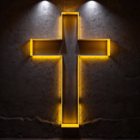 modern illuminated cross against a textured wall creates a striking spiritual focal point. Ideal for religiousの素材