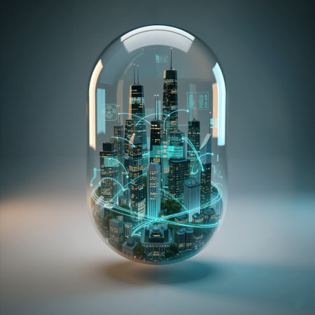 3D rendered illustration of a smart city enclosed in a glass capsule, with glowing data lines and futuristic network connections.の素材