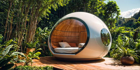 spherical pod with a wooden base and white cushioning sits on a wooden platform in a jungle settingの素材